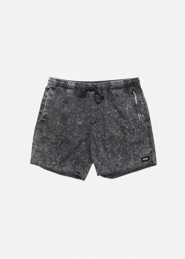 Afends Baywatch Black Acid Wash Elastic Waist Boardshorts 16"