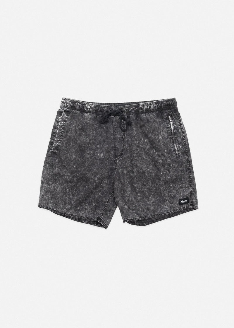 Afends Baywatch Black Acid Wash Elastic Waist Boardshorts 16"