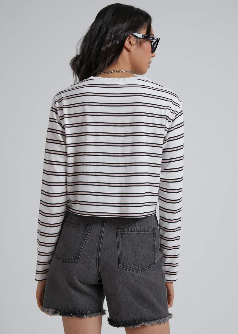 Afends Niko Stripe Cropped Long Sleeve Tee Off White