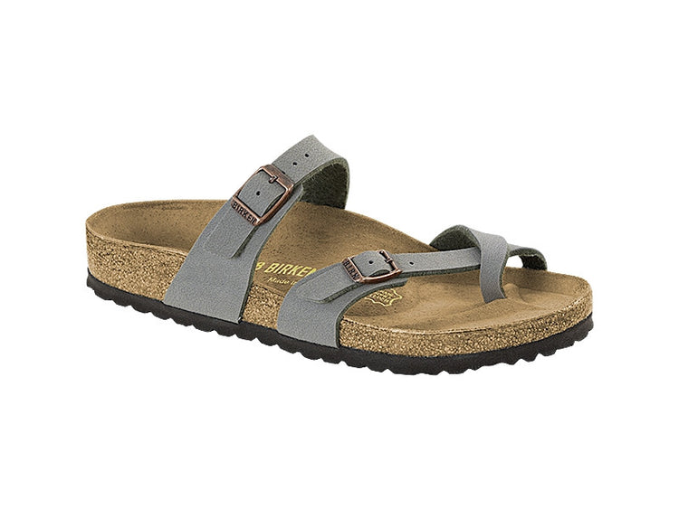 A Birkenstock Mayari sandal in stone color with a nubuck upper and a classic footbed, featuring an adjustable instep strap and a toe loop.