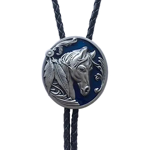 A bolo tie with a blue enamel western horse head design on a leather necklace.