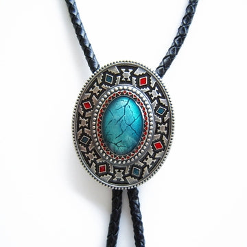 Bolo Tie Leather Necklace Oval Enamel American Native Southwest Patterns Silver