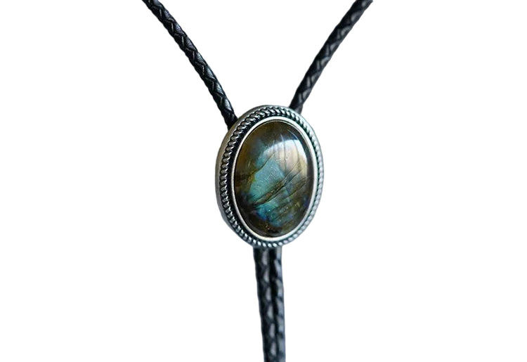 Bolo Tie Silver Handcraft Nature Labradorite Stone Oval