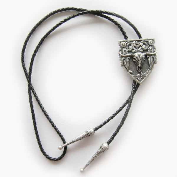 Bolo Tie Vintage Silver Plating Western Rodeo Bull Leather Necklace