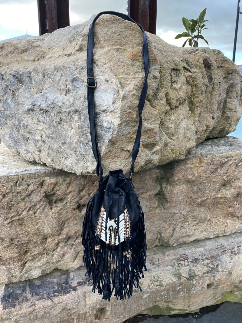 Bone and Fringe Leather Bag Medium -Black