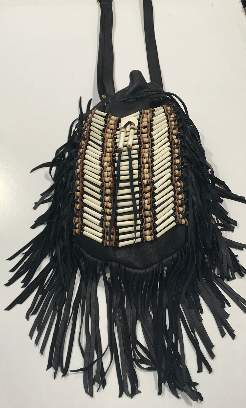 Bone and Fringe Leather Bag Large - Black. Hand Made Adjustable Leather Shoulder Bag Dimensions- Length 38cm x Width 28cm Famous Rock Shop Newcastle, 2300 NSW. Australia. 