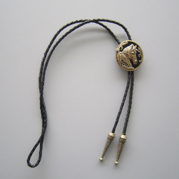 Bronze Plated Western Horse Head Oval Bolo Tie Leather Necklace