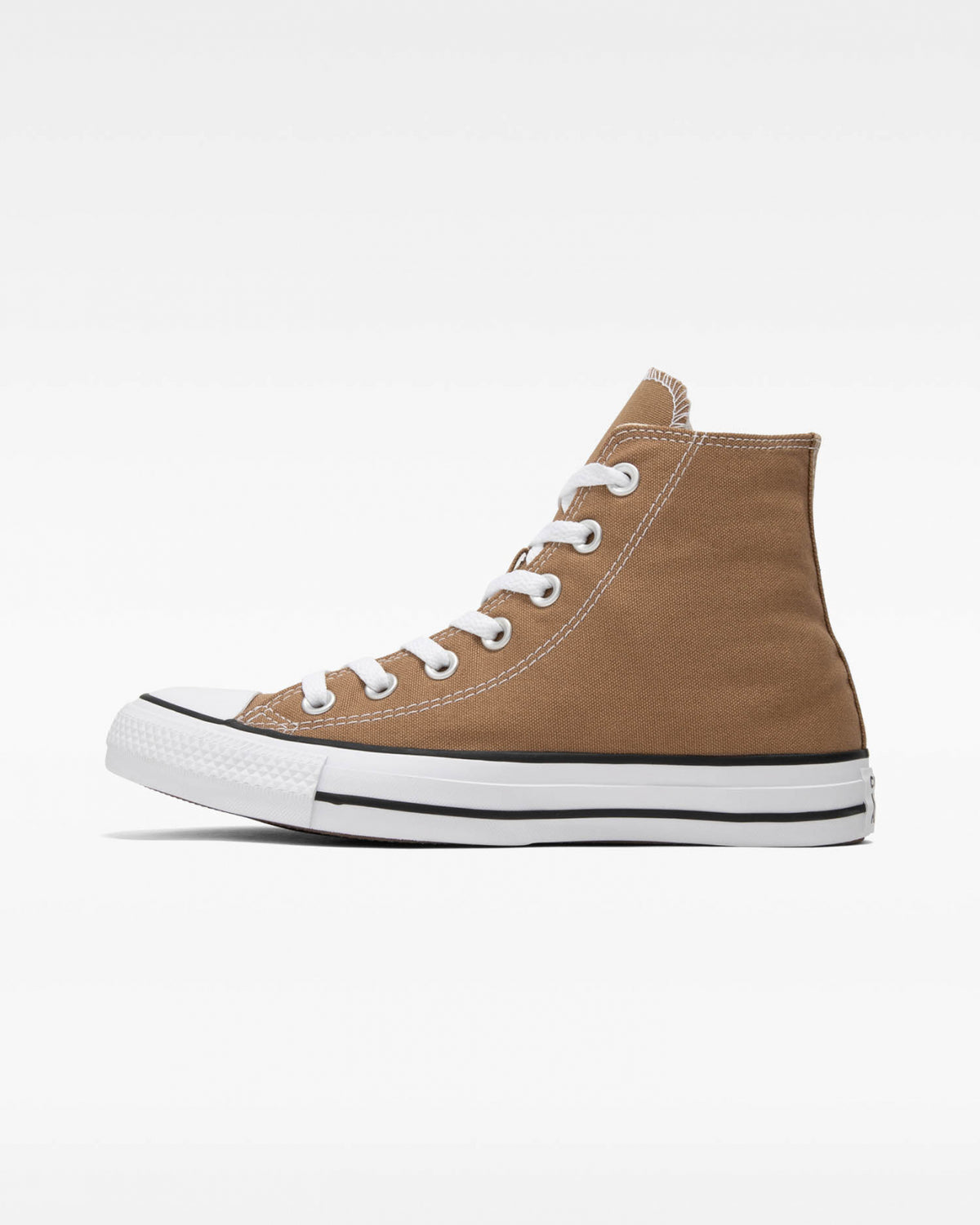 A pair of Converse Chuck Taylor All Star high-top sneakers in sand dune brown color.