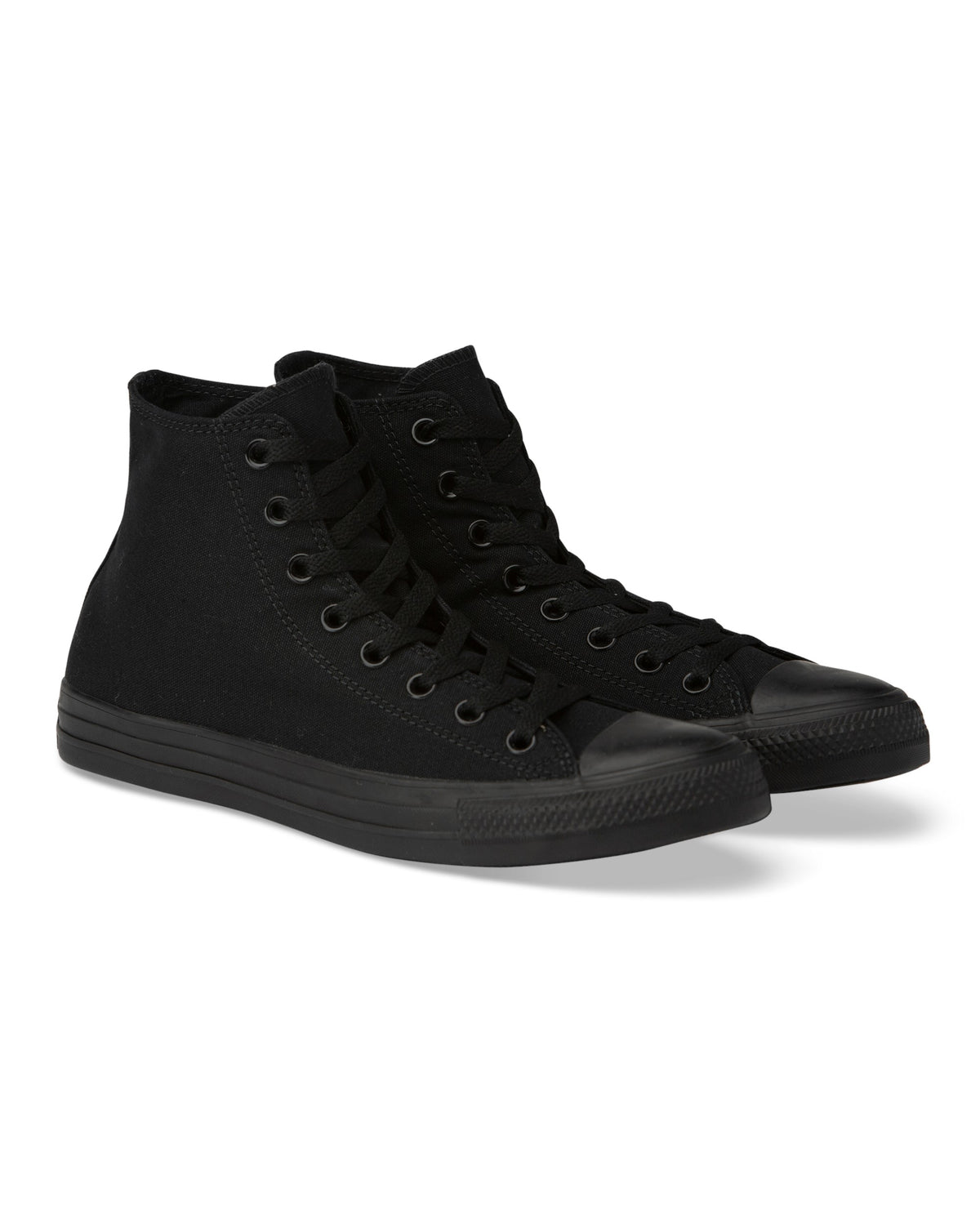A pair of black Converse Chuck Taylor All Star high-top sneakers with canvas upper and rubber sole.