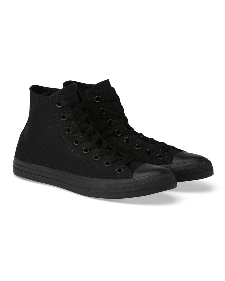 A pair of black Converse Chuck Taylor All Star high-top sneakers with canvas upper and rubber sole.