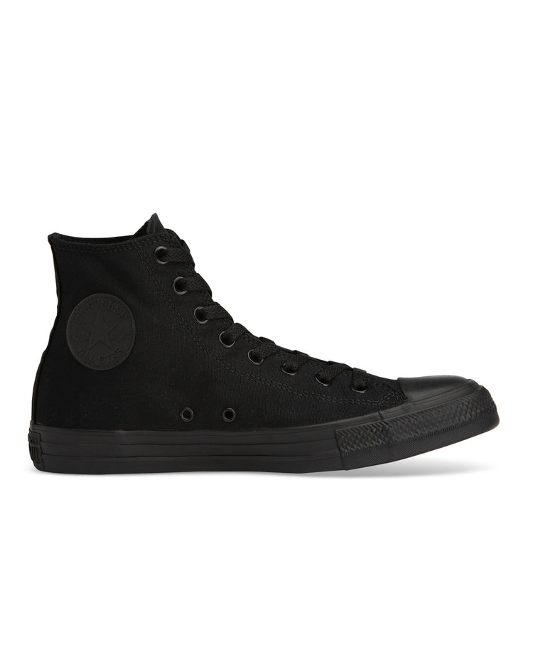 A pair of black Converse Chuck Taylor All Star high-top sneakers with canvas upper and rubber sole.