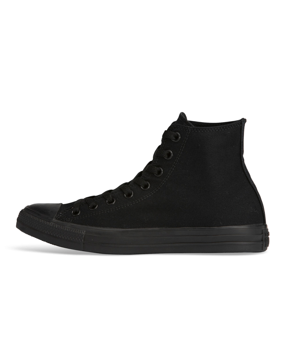 A pair of black Converse Chuck Taylor All Star high-top sneakers with canvas upper and rubber sole.