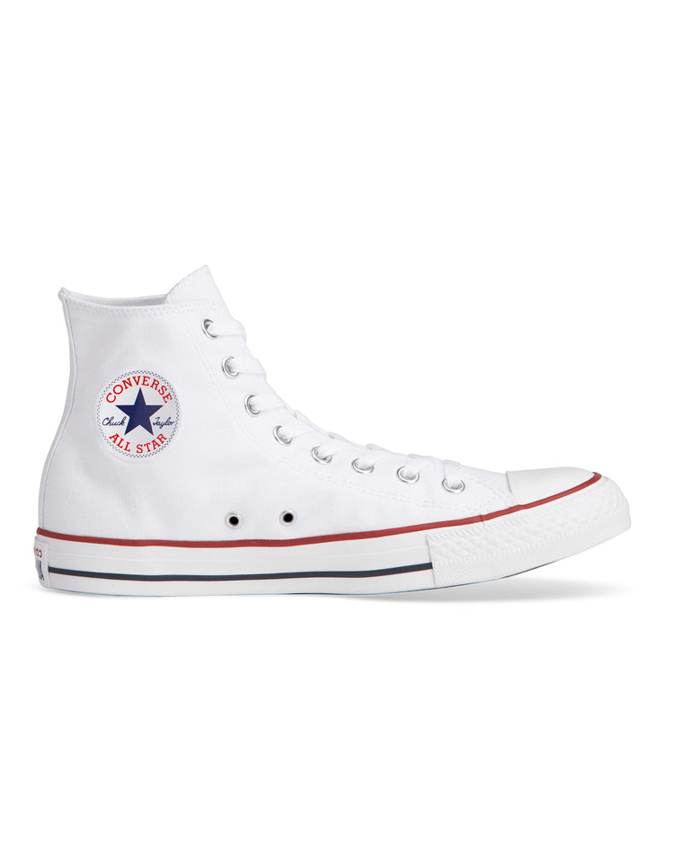 A high-top Converse Chuck Taylor All Star sneaker in optical white canvas color with red and blue detailing.