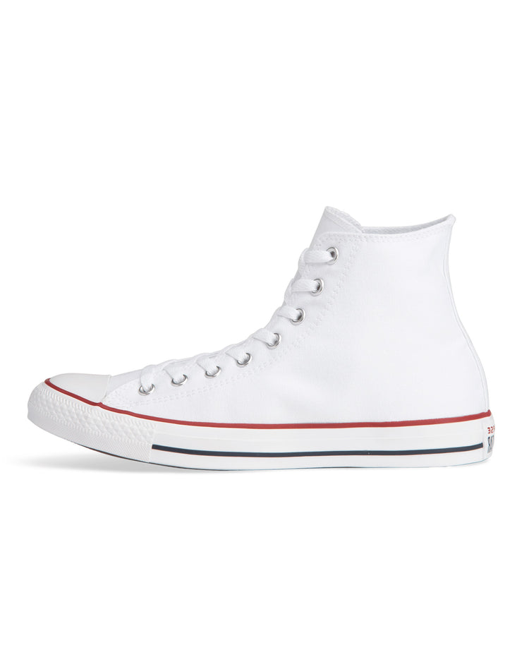 A high-top Converse Chuck Taylor All Star sneaker in optical white canvas color with red and blue detailing.