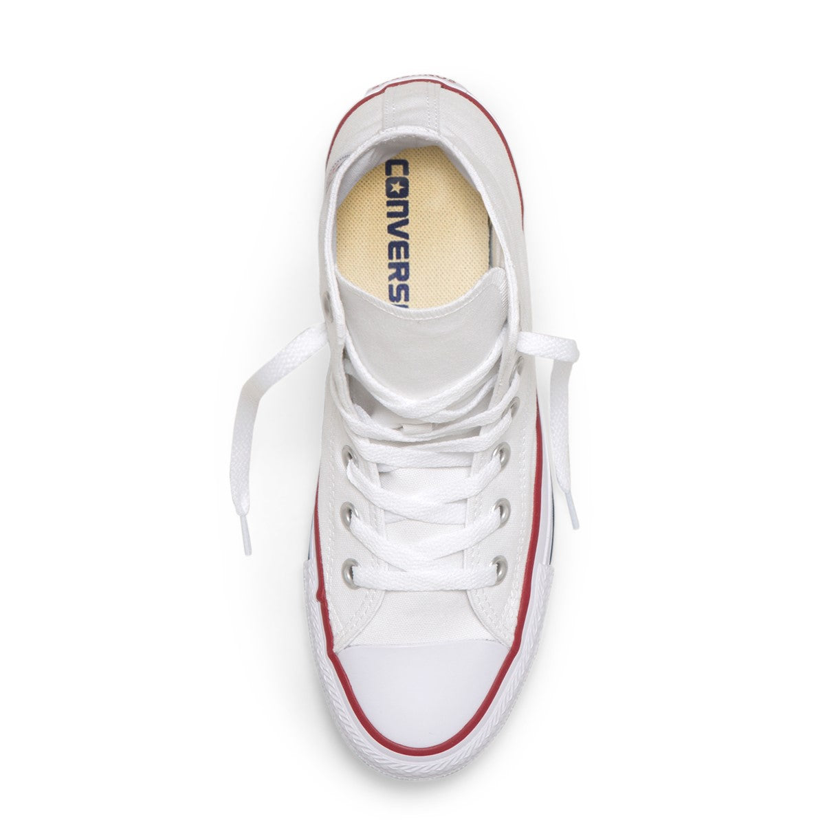 A high-top Converse Chuck Taylor All Star sneaker in optical white canvas color with red and blue detailing.