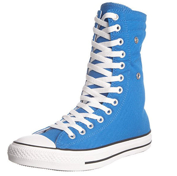 A pair of high-top Converse sneakers with a blue canvas upper, white rubber outsole, and lace-up closure.