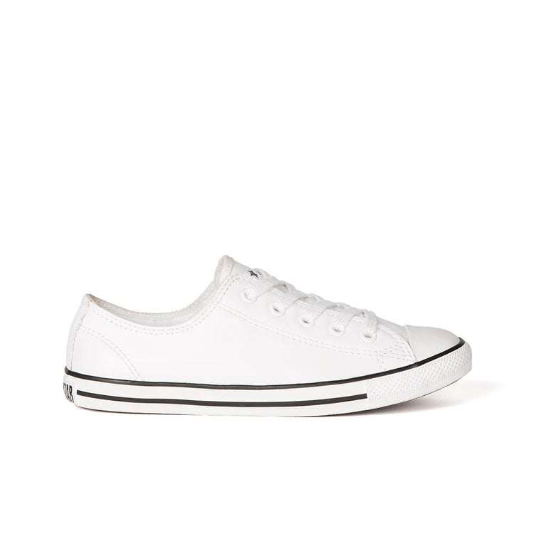 Converse Dainty White Leather Ox 537108C A slimmed down take on the iconic Chuck Taylor All Star Lo, the Chuck Taylor All Star Ox Dainty offers a more feminine look. Constructed from white leather, this lace-up sneaker features the classic Converse lightweight rubber sole and toe cap.Women's Converse White Canvas with thin black 