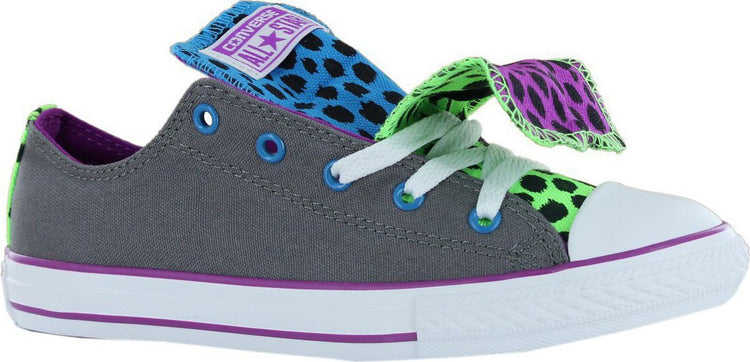 A pair of youth-sized Converse CT Double Tongue Ox charcoal multi sneakers with a leopard print design on the upper part.