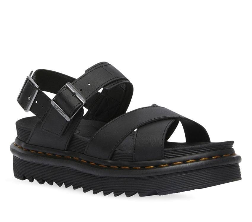 A pair of Dr Martens Voss II Black Hydro Leather Sandals with gunmetal buckles on a white background.