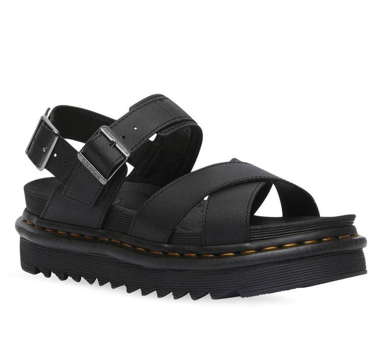 A pair of Dr Martens Voss II Black Hydro Leather Sandals with gunmetal buckles on a white background.