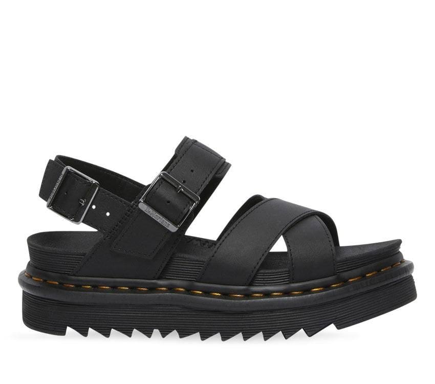 A pair of Dr Martens Voss II Black Hydro Leather Sandals with gunmetal buckles on a white background.