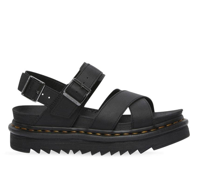 A pair of Dr Martens Voss II Black Hydro Leather Sandals with gunmetal buckles on a white background.