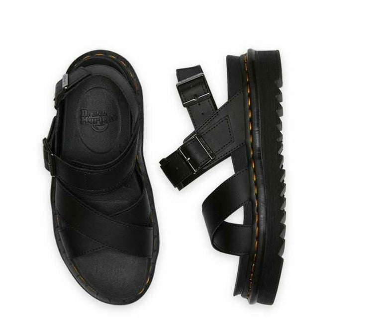A pair of Dr Martens Voss II Black Hydro Leather Sandals with gunmetal buckles on a white background.