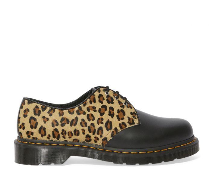 Dr Martens 1461 Black Smooth Medium Leopard + Hair On Shoe