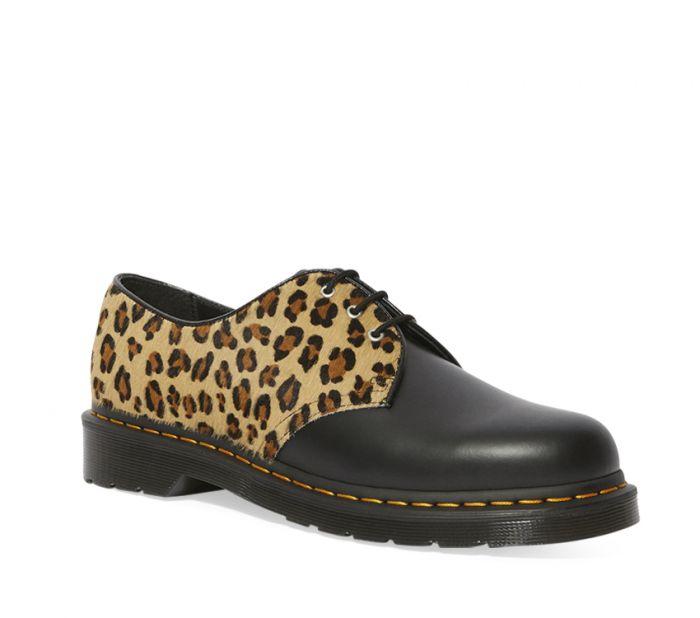 Dr Martens 1461 Black Smooth Medium Leopard + Hair On Shoe
