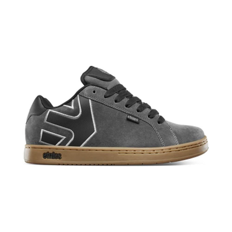 Etnies Grey Shoe with Gum Sole and logo in black on side