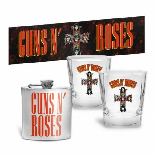 Guns N Roses Set Of 2 Spirit Glasses With Flask And Bar Mat Runner.