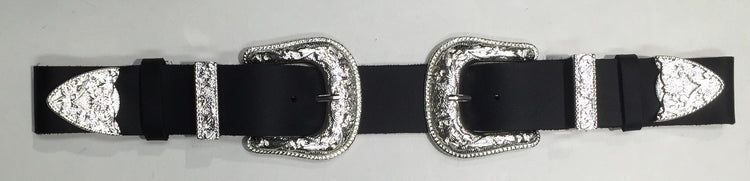 FRSW210 Double Buckle Antique Silver Leather Belt