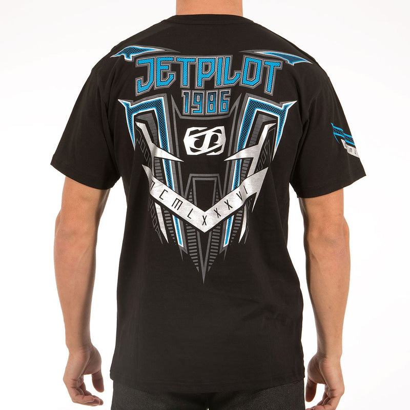 Jetpilot Collective 2S15 Men's Tee Black Blue 2S15643. Fabrication: 175gsm 100% Cotton Three Colour Front Print / Three Colour Sleeve Prints / Three Colour Back Print With Metallic Inks Internal Screen-Printed Label  Famous Rock Shop. 517 Hunter Street Newcastle, 2300 NSW Australia
