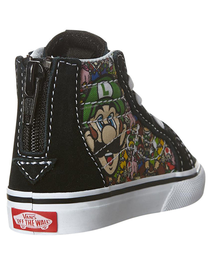 Vans Infants SK8-Hi Zip limited edition sneakers featuring Mario and Luigi from Nintendo. The sneakers are black with character illustrations on the side.