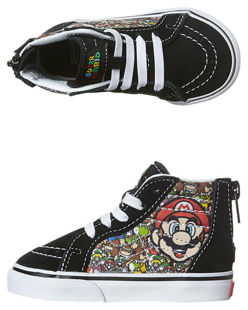 Vans Infants SK8-Hi Zip limited edition sneakers featuring Mario and Luigi from Nintendo. The sneakers are black with character illustrations on the side.