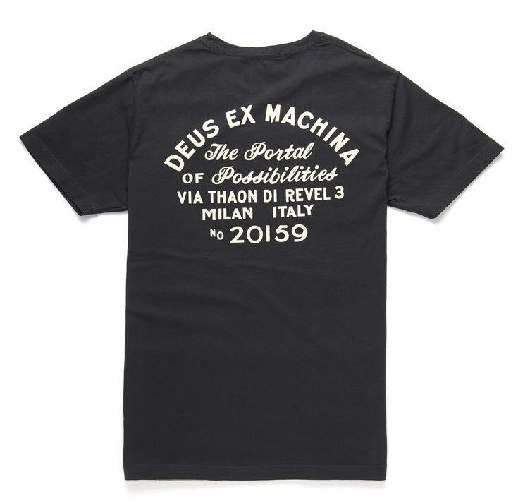Deus Ex Machina Milan Address TShirt Black DNSS41065B Part of the Deus Ex Machina Classics collection. This regular fit pocket tee features front and back address prints, a soft wash and comfortable 180gsm combed cotton jersey construction. Designed and tested at the Deus House of Simple Pleasures, Camperdown Sydney  Famous Rock Shop  Newcastle 2300 NSW Australia