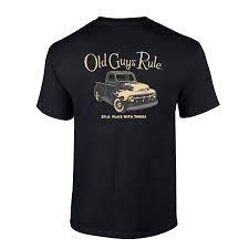 Mens black t-shirt with 'Old Guys Rule' text and a graphic of a truck on the front.