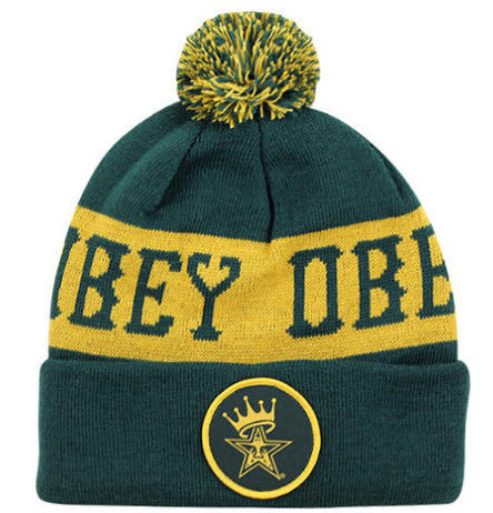 Obey Crowned Pom Pom Beanie Green Yellow