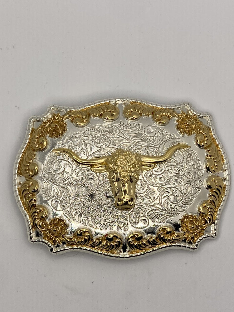 A belt buckle featuring a long horn bull design with gold and silver double color plating on a zinc alloy base.