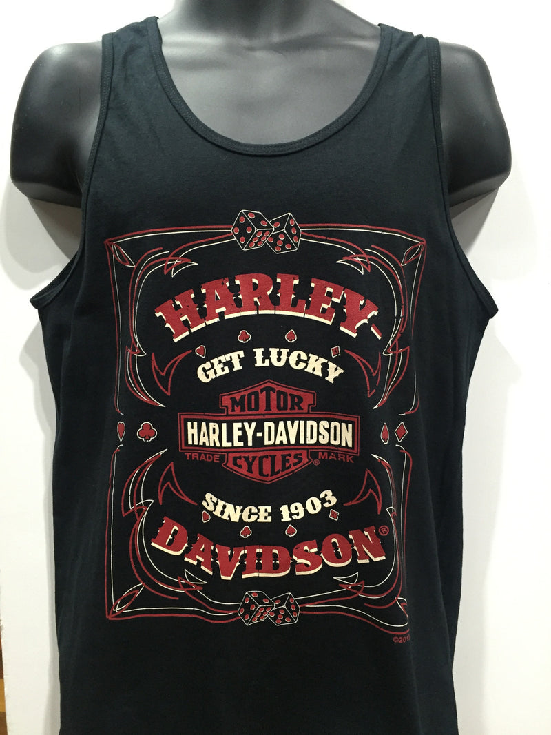 Harley Davidson Motorcycles 'Get Lucky' Singlet  Black. Men's Sizing Small-2XLarge Famous Rock Shop Newcastle 2300 NSW Australia