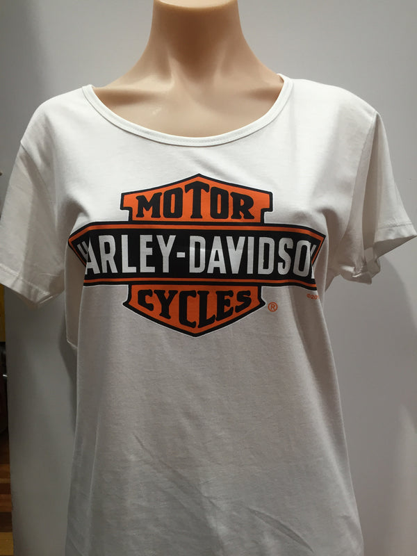 Harley Davidson 'Stretch Bar &amp; Shield' Women's T-Shirt (White) Famous Rock Shop Newcastle 2300 NSW Australia