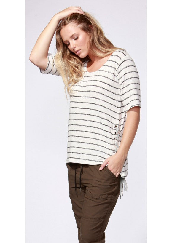 SASS Amira Lace Up Top White Off White/Black Stripe 9743TKSS