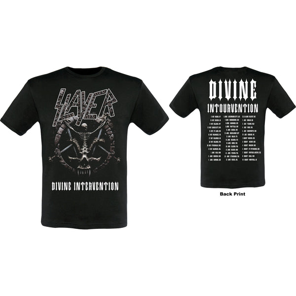 Slayer Men's Tee: Divine Intervention 2014 Dates (Ex-Tour with Back Print) SLAY01001A239 An offiicially licensed soft-style cotton men's tee featuring the Slaye Famous Rock Shop Newcastle 2300 NSW Australia