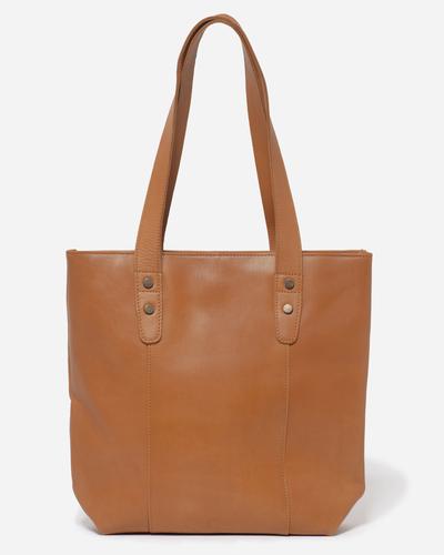 A tote-style brown leather handbag with rolled base and magnetic snap closures, featuring a center zipped compartment and an interior slip pocket.