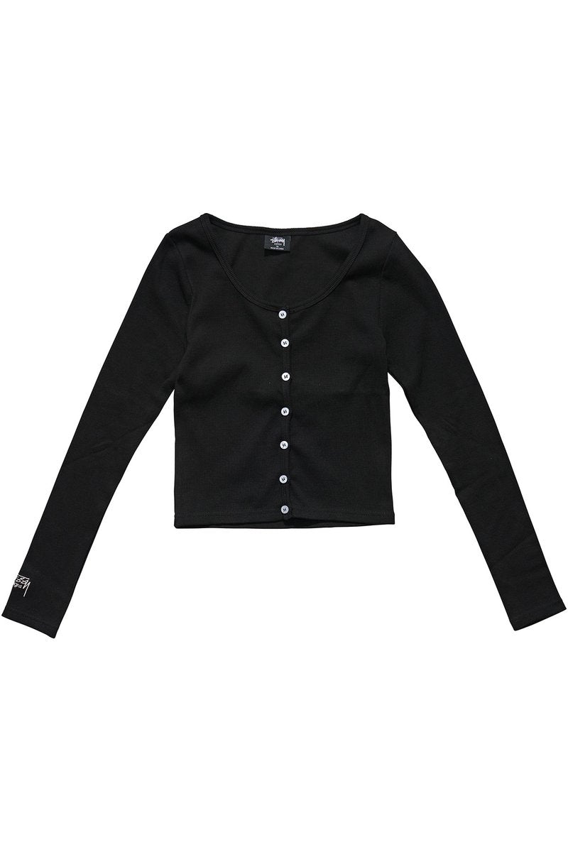 Stussy Graffiti Rib Button Through Long Sleeve Black