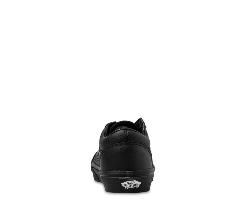 A pair of Vans Youth Old Skool leather sneakers in black color, displayed from two different angles showing the front and side profiles.