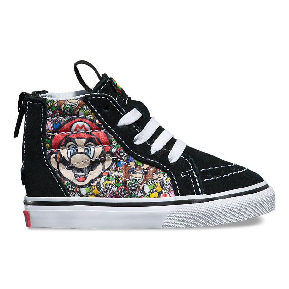 Vans Infants SK8-Hi Zip limited edition sneakers featuring Mario and Luigi from Nintendo. The sneakers are black with character illustrations on the side.
