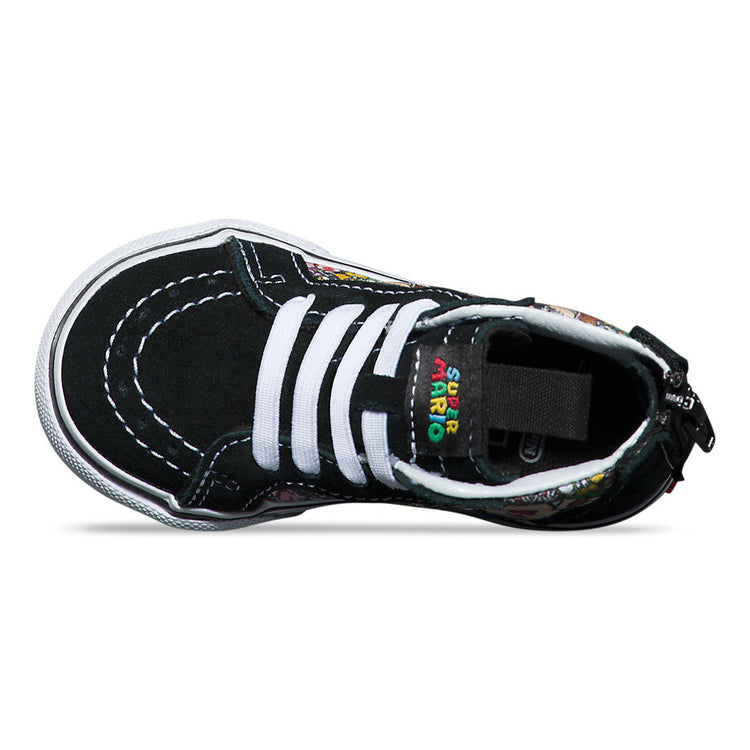 Vans Infants SK8-Hi Zip limited edition sneakers featuring Mario and Luigi from Nintendo. The sneakers are black with character illustrations on the side.