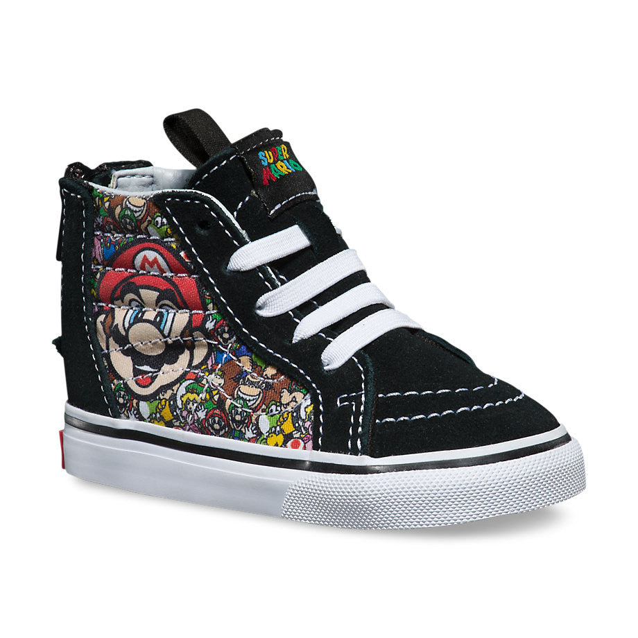 Vans Infants SK8-Hi Zip limited edition sneakers featuring Mario and Luigi from Nintendo. The sneakers are black with character illustrations on the side.