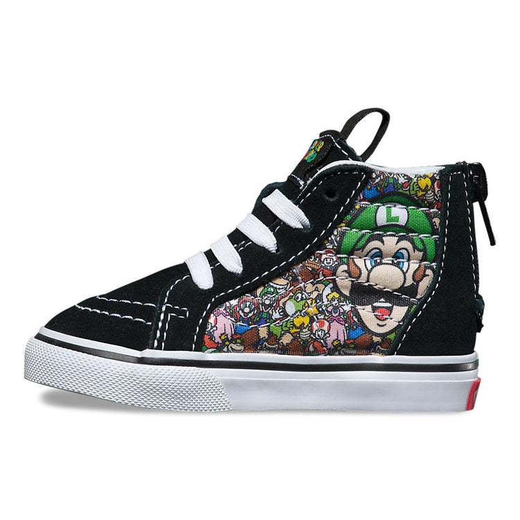 Vans Infants SK8-Hi Zip limited edition sneakers featuring Mario and Luigi from Nintendo. The sneakers are black with character illustrations on the side.